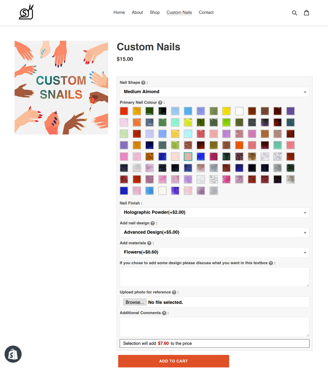 Screenshot of customizer page for SnailNail store